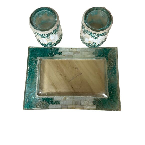 Beachy Coastal Mosaic Glass Seashell Shell Tray Cups Bathroom Vanity Decor - Picture 4 of 4